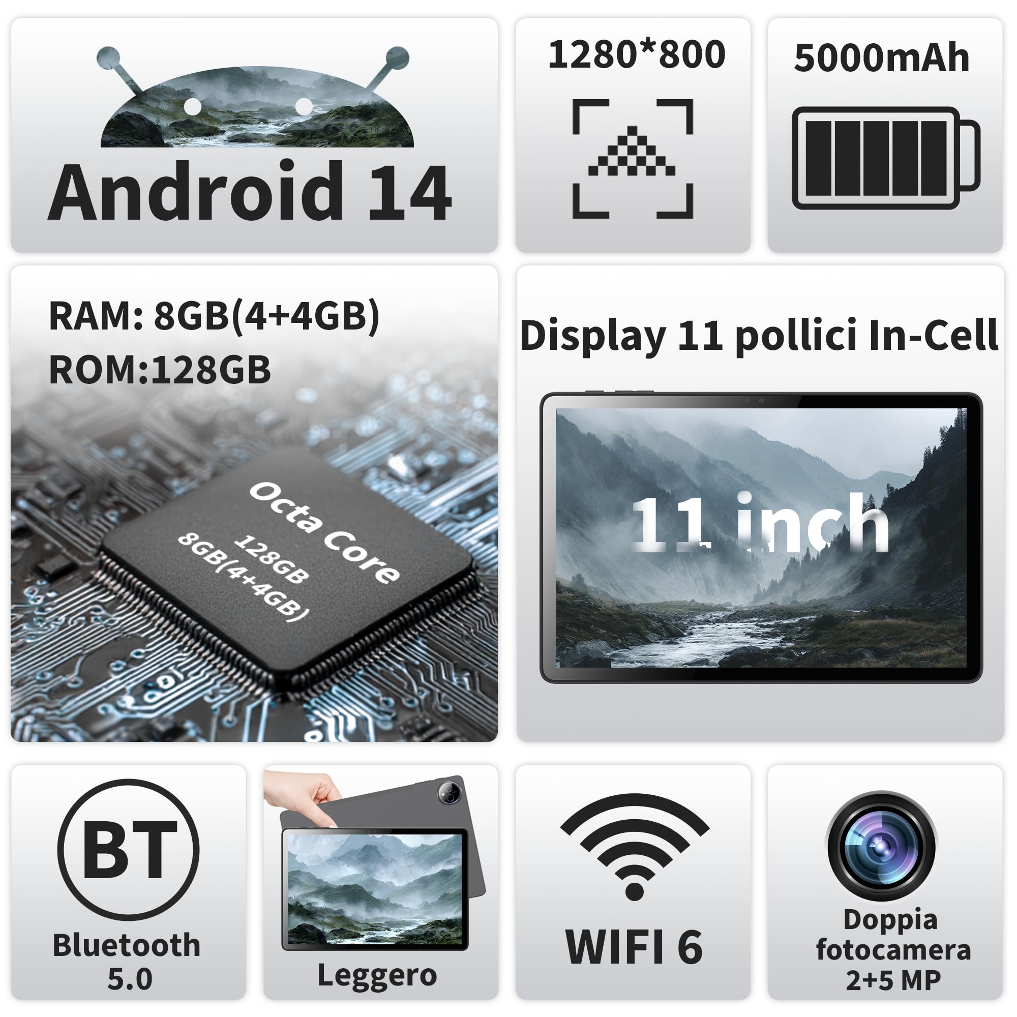Veidoo Tablet da 11 pollici, Android Tablet con 8 GB (4+4 Expand) RAM 128 GB ROM 1 TB espandibile, 1280 * 800 touch screen HD in-cell, processore Octa-Core, WiFi 6, BT 5.0, doppia fotocamera (grigio)