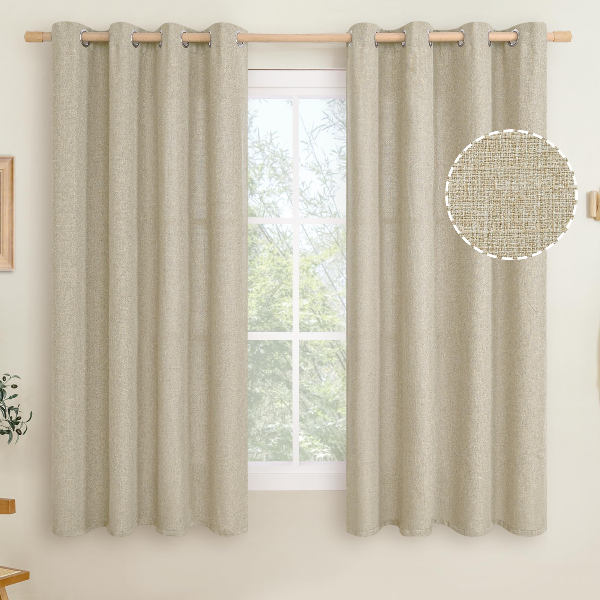 LAMIT Camel Linen Bedroom Curtains 63 inches Long, Grommet Thermal Insulated Soft Thick Curtains Burlap Light Filtering Panels for Living Room/