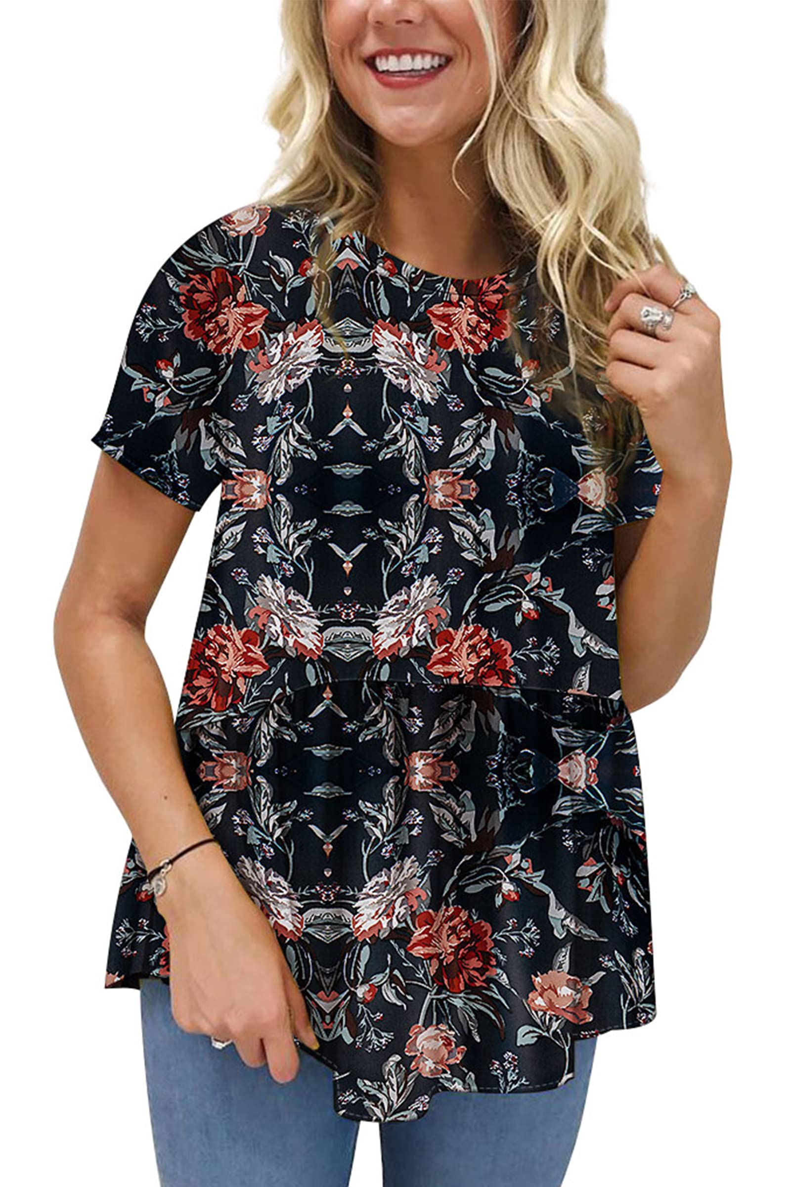 Hibluco Women's Summer Tops Short Sleeve Round Neck Floral Print Shirt Tunic Blouse