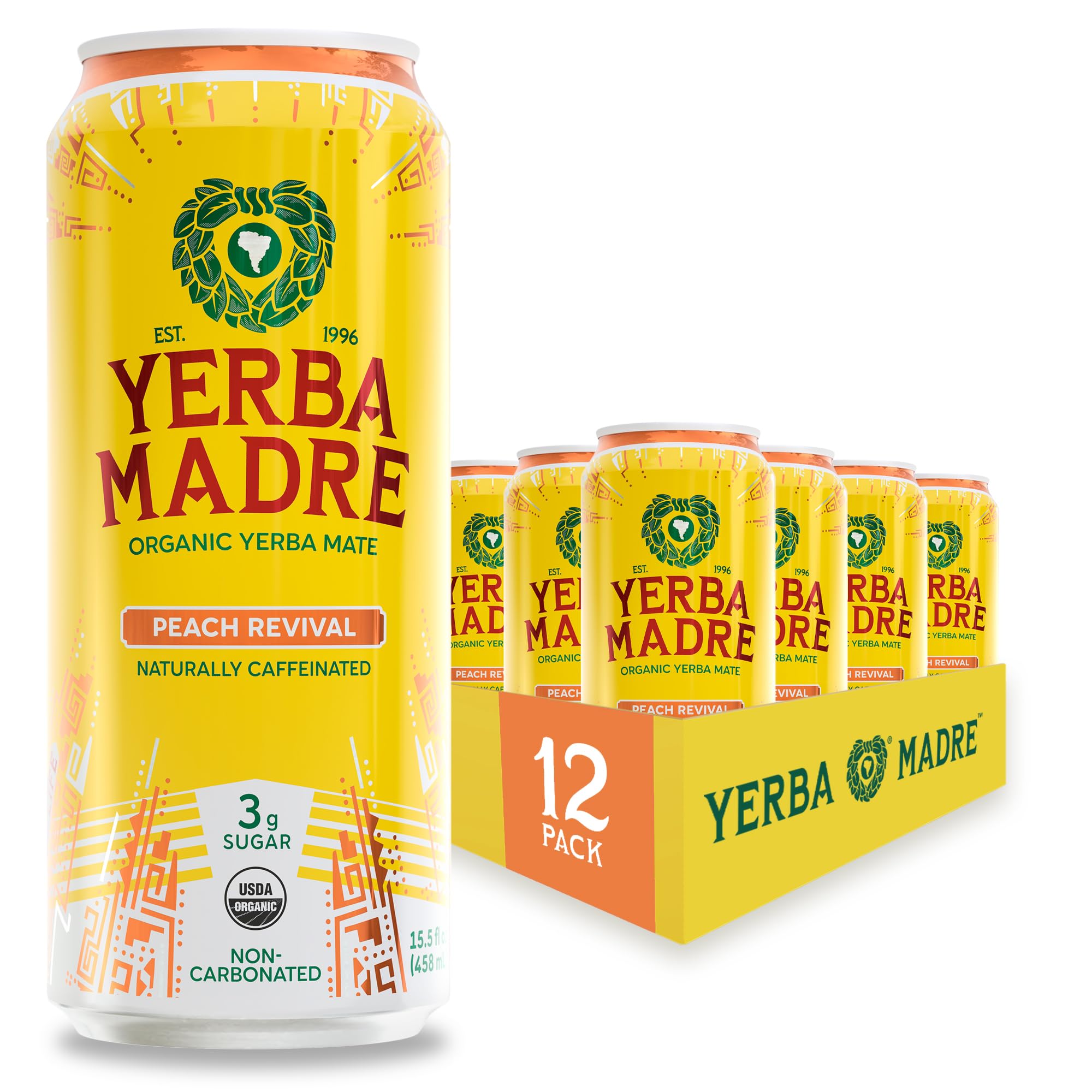 Yerba Madre Organic Yerba Mate, Low Sugar Peach Revival, 150mg Natural Caffeine, Energy Drink Alternative, No Jitters or Crash, 15.5 Oz (Pack of 12)
