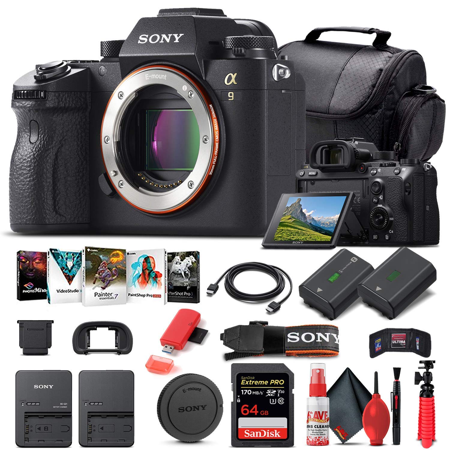 Sony Alpha a9 Mirrorless Digital Camera (Body Only) (ILCE9/B) + 64GB Memory Card + NP-FZ-100 Battery + Corel Photo Software + Case + External Charger