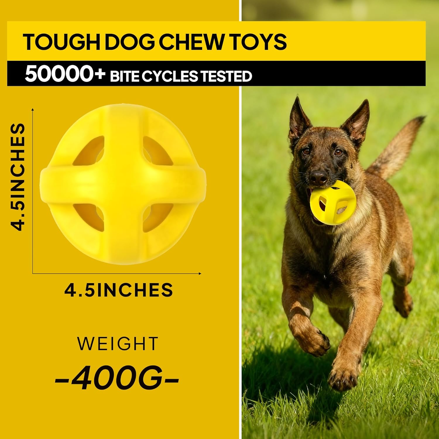 PetiFine Indestructible Dog Ball,Tough Dog Toys for Aggressive Chewers,Non-Toxic Natural Rubber, Chew,Tug & Fetch,Dog Ball Toy for Medium Large Breeds,4.5”(Yellow)