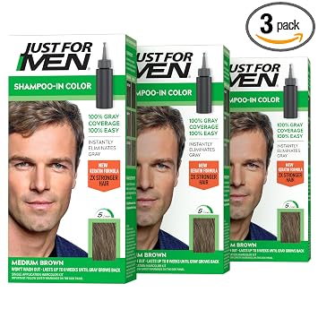 Just For Men Shampoo-In Color Formerly Original Formula, Mens Hair Color with Keratin and Vitamin E for Stronger Hair - Medium Brown, H-35, Pack of 3 Packaging May Vary