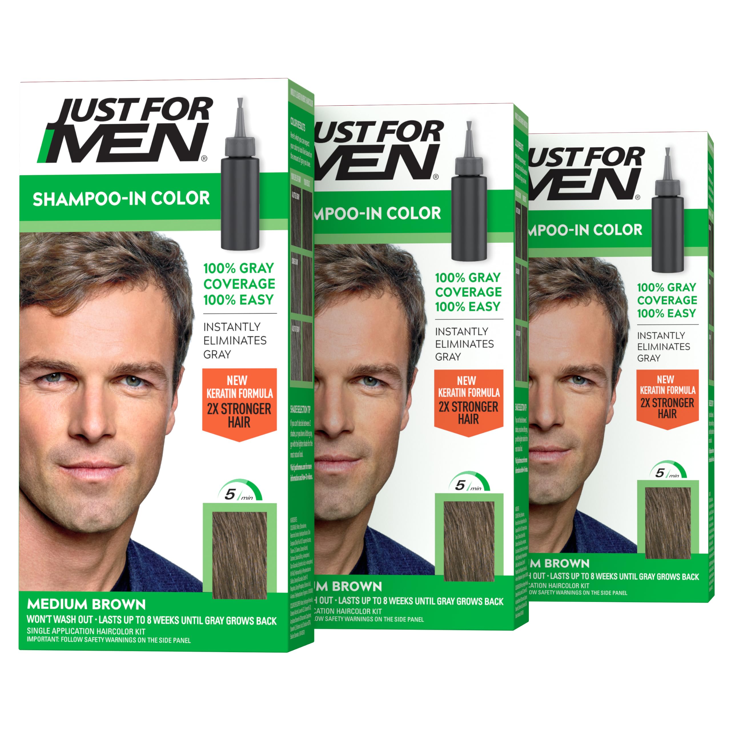 Just for Men Shampoo-In Color, Hair Color, Medium Brown H-35 (3 Pack) | Shampoo-in Color medium brown patented formula instantly targets grays. Keratin, olive oil, & vitamin E for stronger hair.