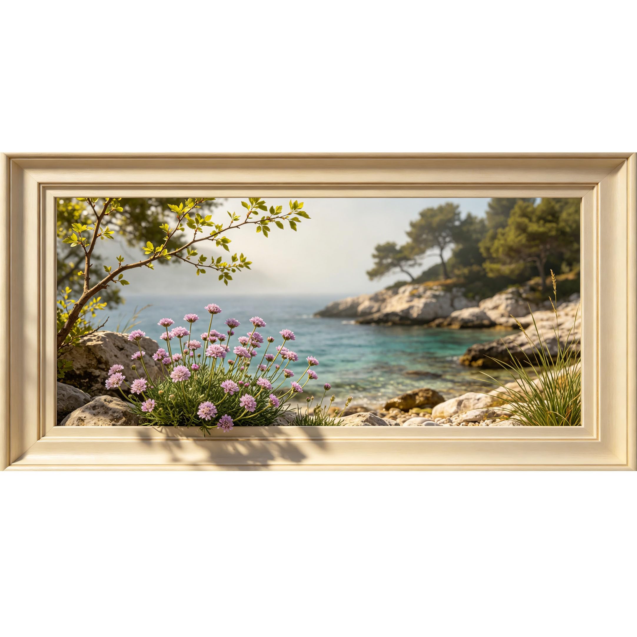 Agglomerix 3D Framed Wall Art Coastal Landscape Pink Sea Thrift Flowers Ocean Rock Shore Large Size SelfAdhesive Removable Wall Decor Prints Artwork for Living Room Bedroom Office