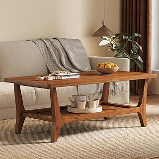 LITTLE TREE Solid Wood Coffee Table, 47-Inch Living Room Center Table with Shelf, 2-Tier, Smooth Corners, Child-Friendly, Easy Assembly, Brown