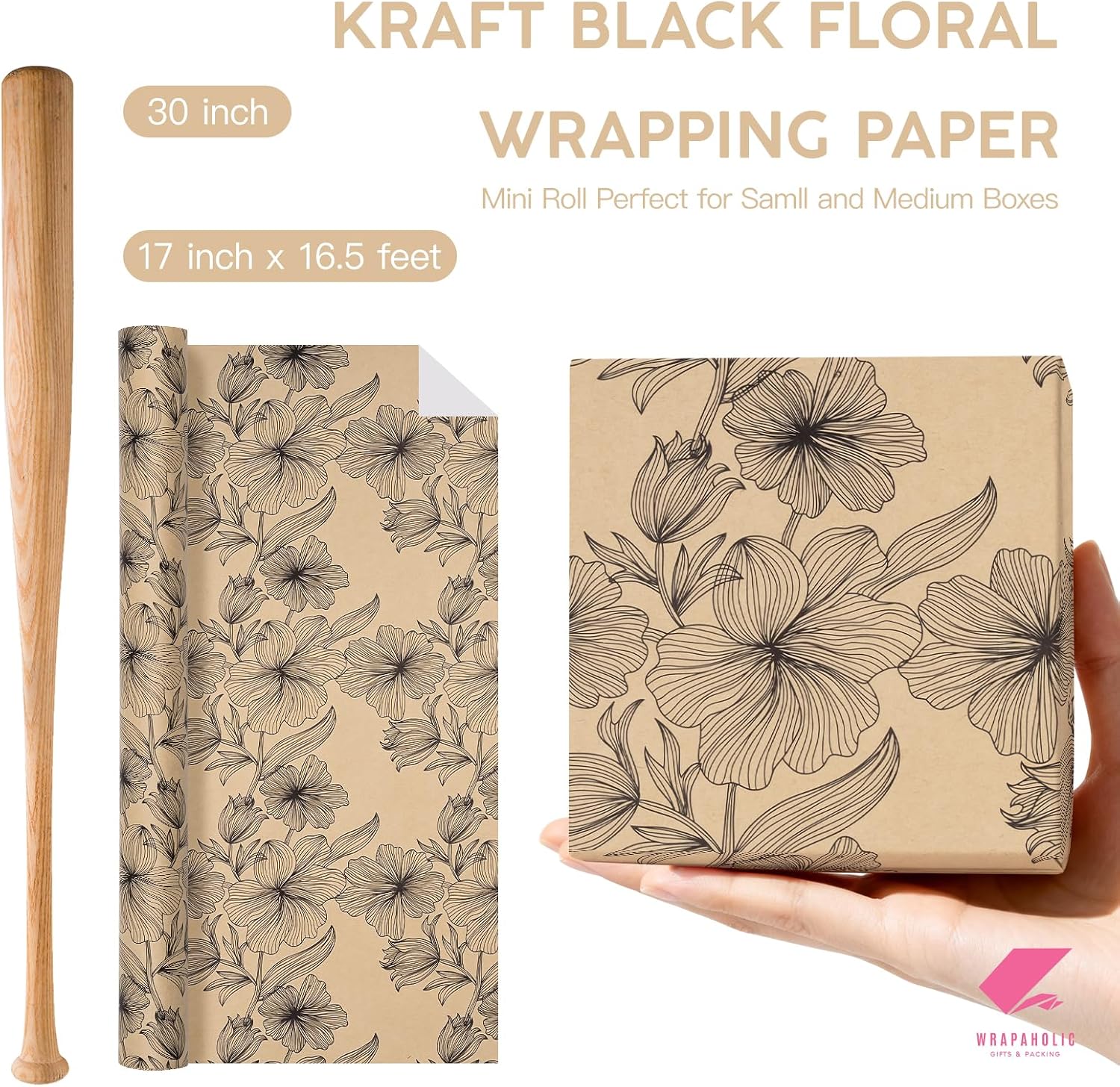 WRAPAHOLIC Kraft Black Floral Wrapping Paper Roll - Mini Roll - 17 inch x 16.5 Feet - Vintage Black Flower Wrapping Paper for Mother’s Day, Birthday, Wedding, Bridal Shower, Tea Party image 3