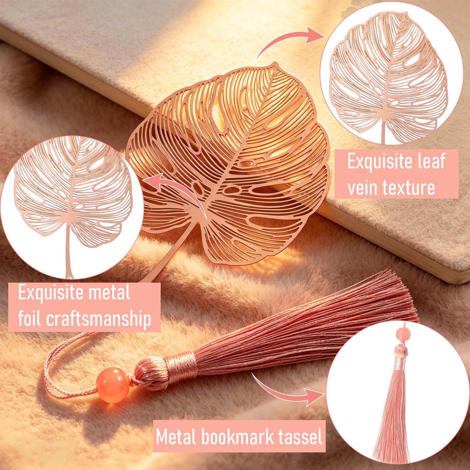 Marcapáginas de Metal Monstera en Caja de Regalo, Elegante con Borla para Mujeres Mamá Abuela (Oro Rosa)