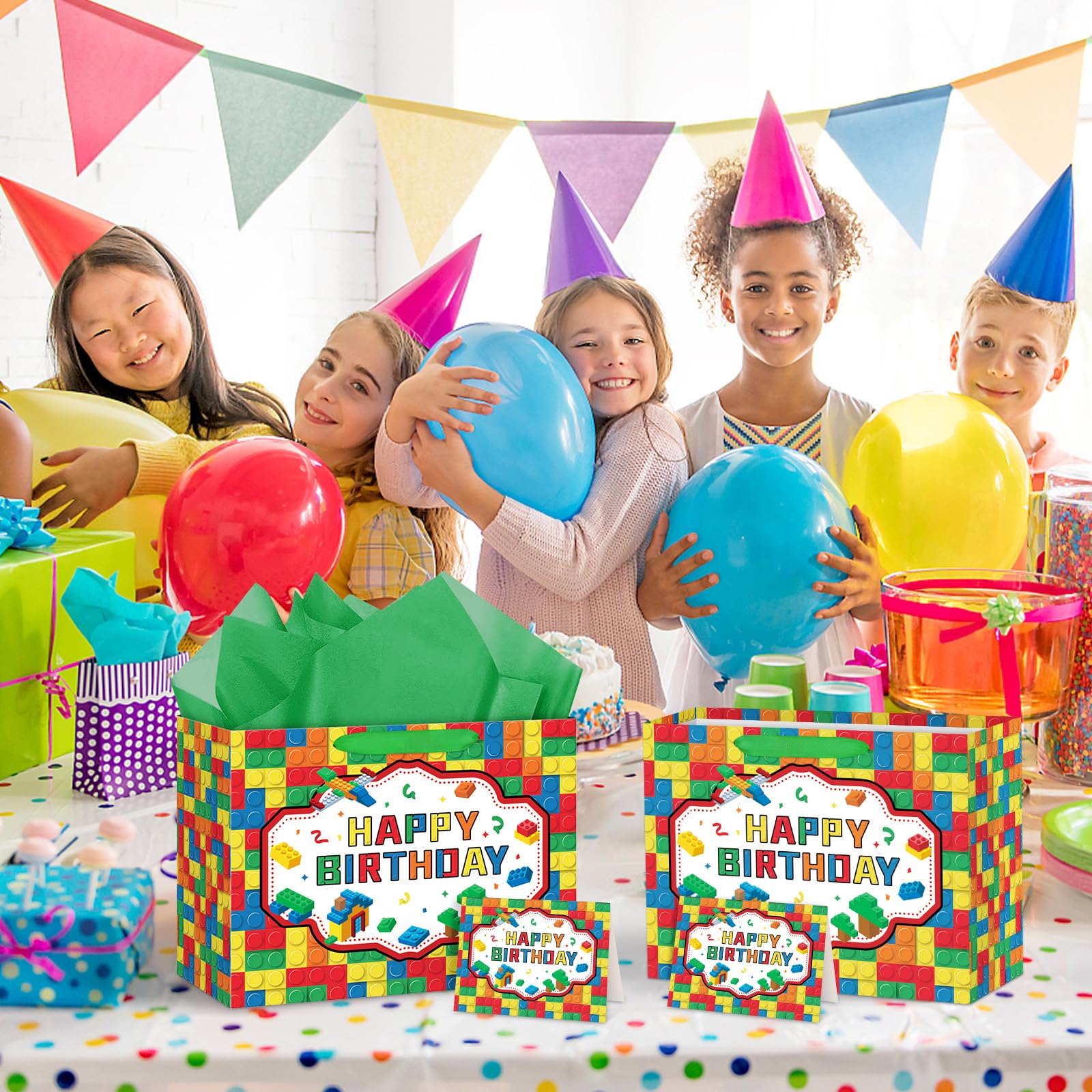 Hooqict Large Building Blocks Birthday Gift Bag Happy Birthday Gift Wrapping Bag with Handles, Tissue Paper, Greeting Card for Kids Boys Girls Building Bricks Theme Party Decorations Supplies