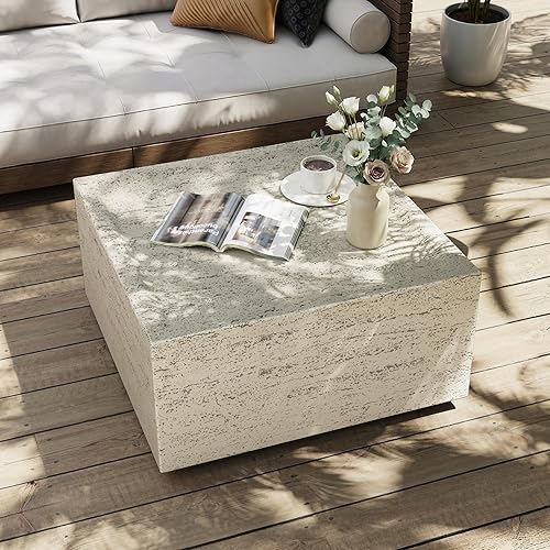 UPHA 28" Square Outdoor Coffee Table, Modern Hollow Concrete Patio Table, Small Minimalist Low Accent Table for Living Room, Balcony, Deck, Backyard, Off-White