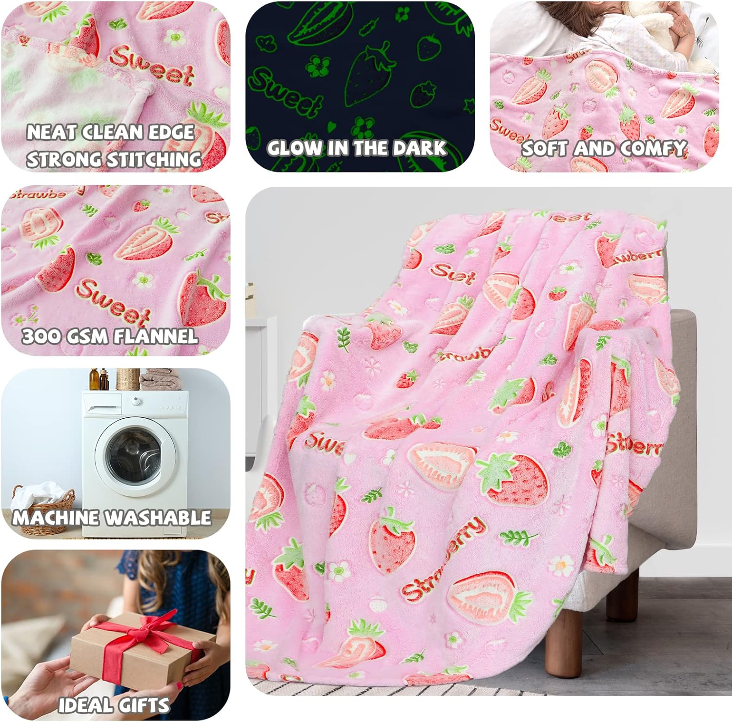 REXEO Flannel Throw Blanket, 50 x 60in, Glow in The Dark, Fluorescent Strawberry, Lightweight, Fiber Plush, for Girls Kids, Birthday Christmas Gifts - Image 6