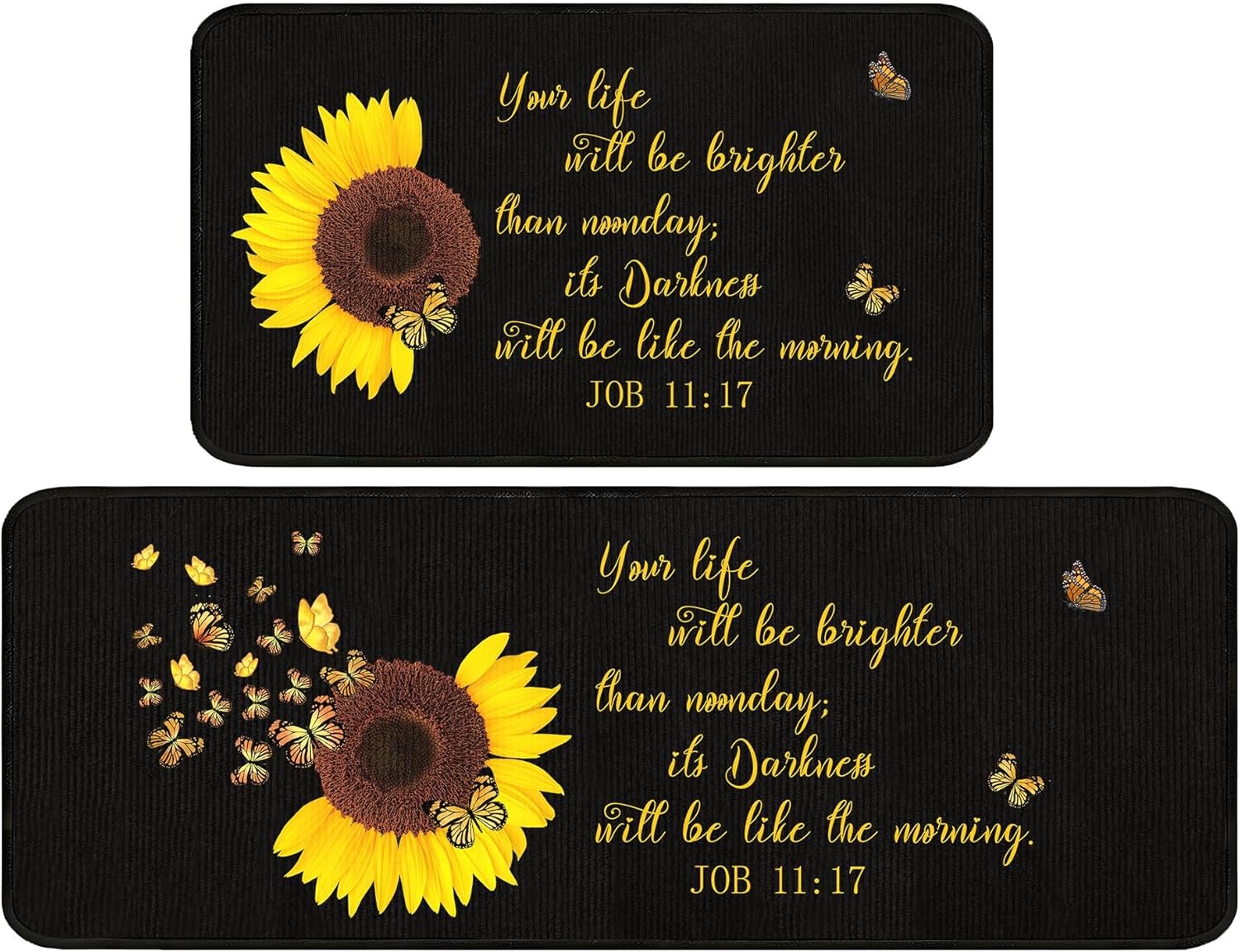 2 Pieces Sunflower Bible Verse Kitchen Decoration Rug Set, Waterproof Kitchen Mat and Runner Rugs Washable for Kitchen Sink, Sunflower Decor Indoor 17" x 47" + 17" x 30" (Black 2)