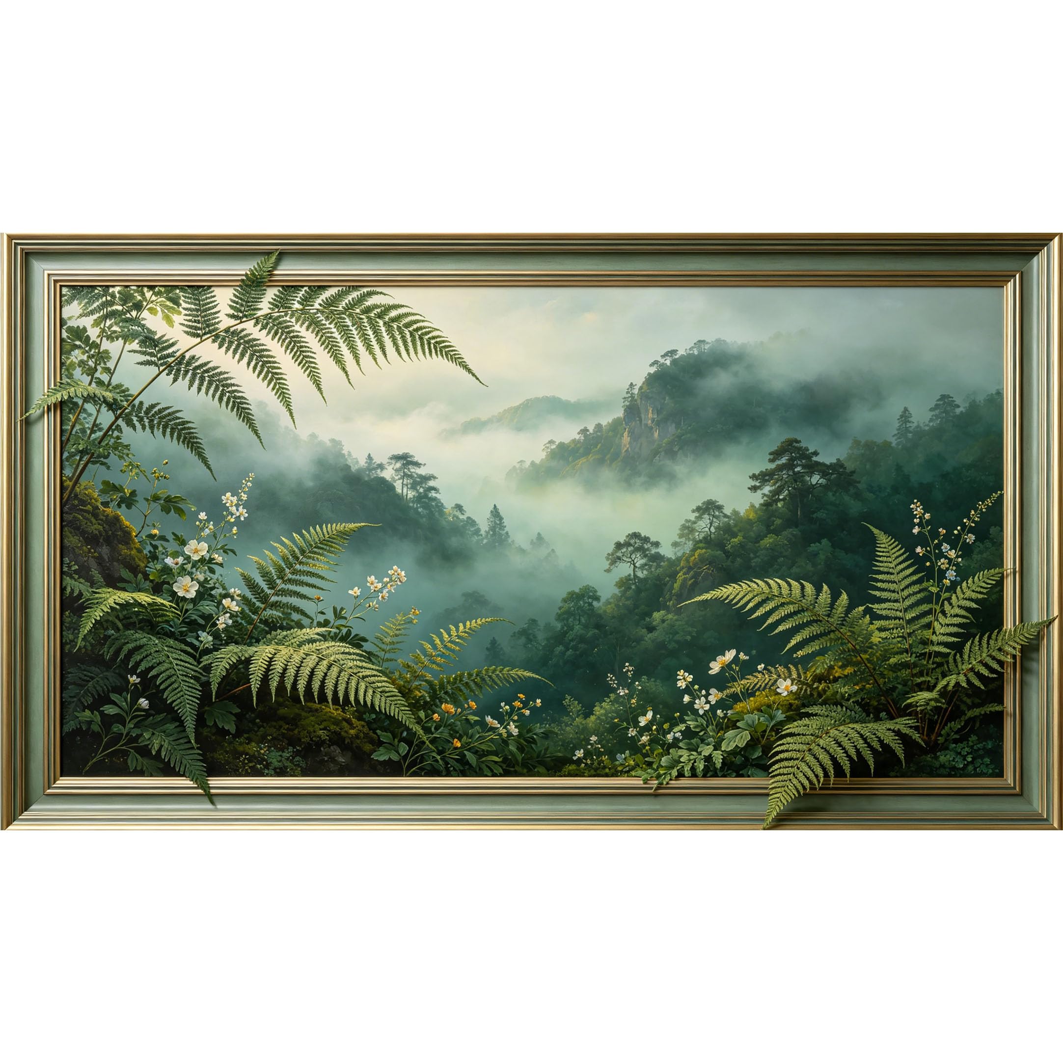 QZLITHOTIC 50x90cm3D Framed Wall Art， Misty Mountain Forest Botanical Landscape Self‑Adhesive Mural， Water‑Activated Peel & Stick Fabric Decor Wall Decal for Bedroom Living Room