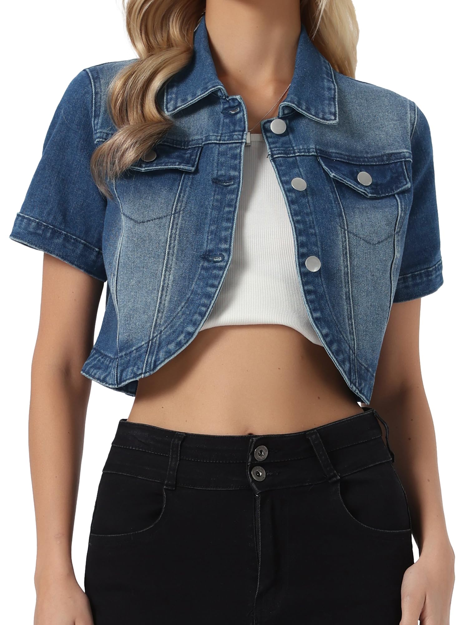 Allegra K Mujer Cazadoras Vaquera Casual Cuello Vuelto Manga Corta Torera Corto Denim con Botones