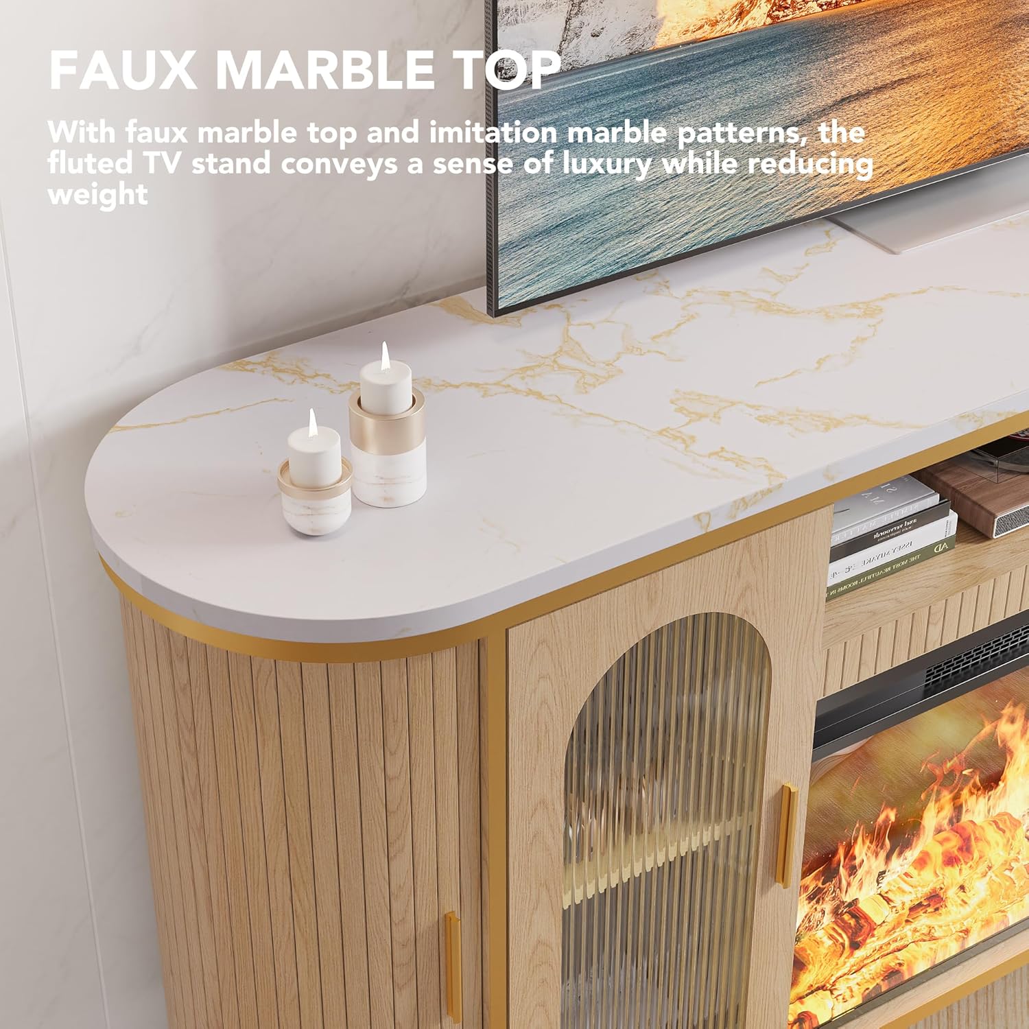 70" Fluted Fireplace TV Stand for TVs Up to 80 Inches, Entertainment Center with 30" Fireplace, Reeded Glass Door, Sliding Doors & Ajustable Shelves, Media TV Console for Living Room, Oak - Image 5