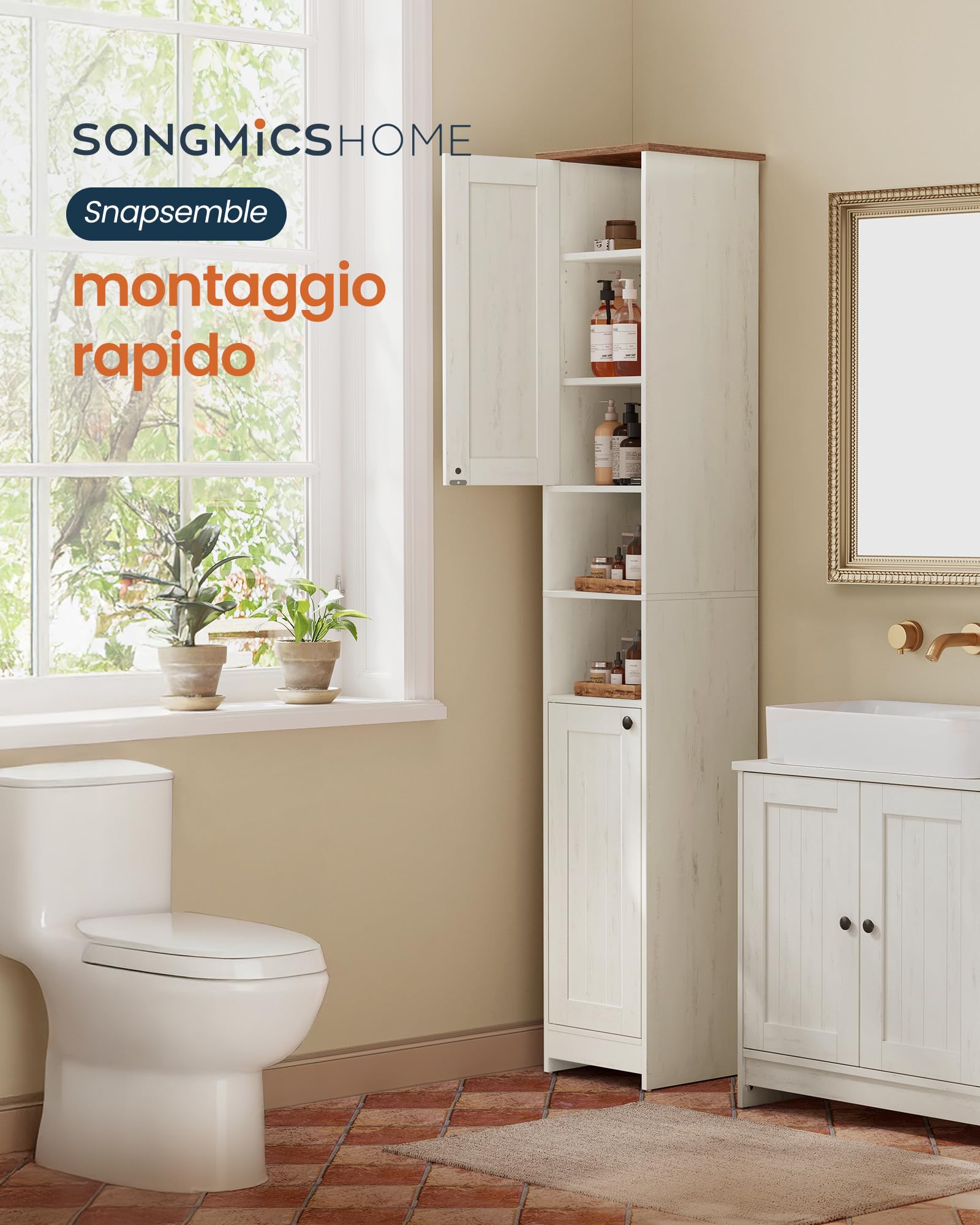SONGMICS HOME Mobiletto da Bagno Stretto, Snapsemble Montaggio Rapido, Mobile Compatto con Ripiani Regolabili per Soggiorno, Ingresso, 30 x 30 x 170 cm, Bianco Vintage BBC667WJ01