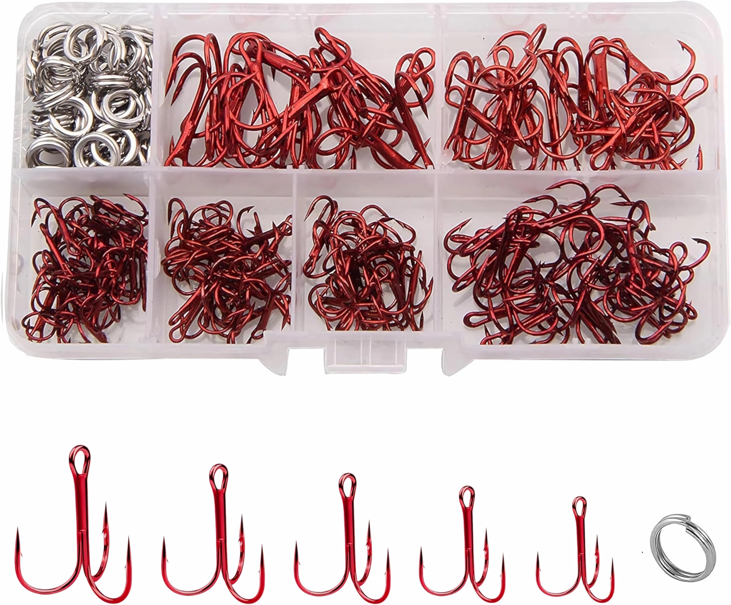 Fishing Treble Hooks Kit, 180pcs Sharp Round Bend Treble Hooks High Carbon Steel Fishing Hooks Strong Barbed Fish Hooks with Split Rings for Fishing Lures Baits Freshwater Saltwater