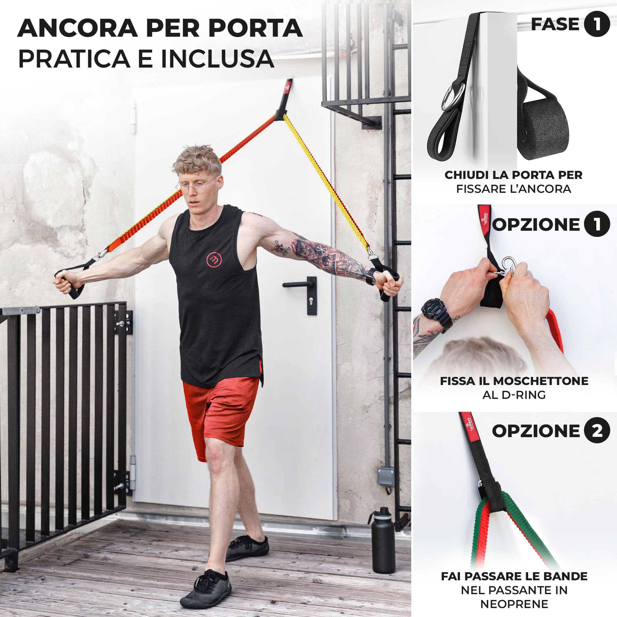 Set di fasce di resistenza + piano allenamenti - Kit elastici: 5 bande elastiche lattice, maniglie, cinghie per caviglie + ancoraggio, gancio da porta | Tubi fitness palestra sport stretching