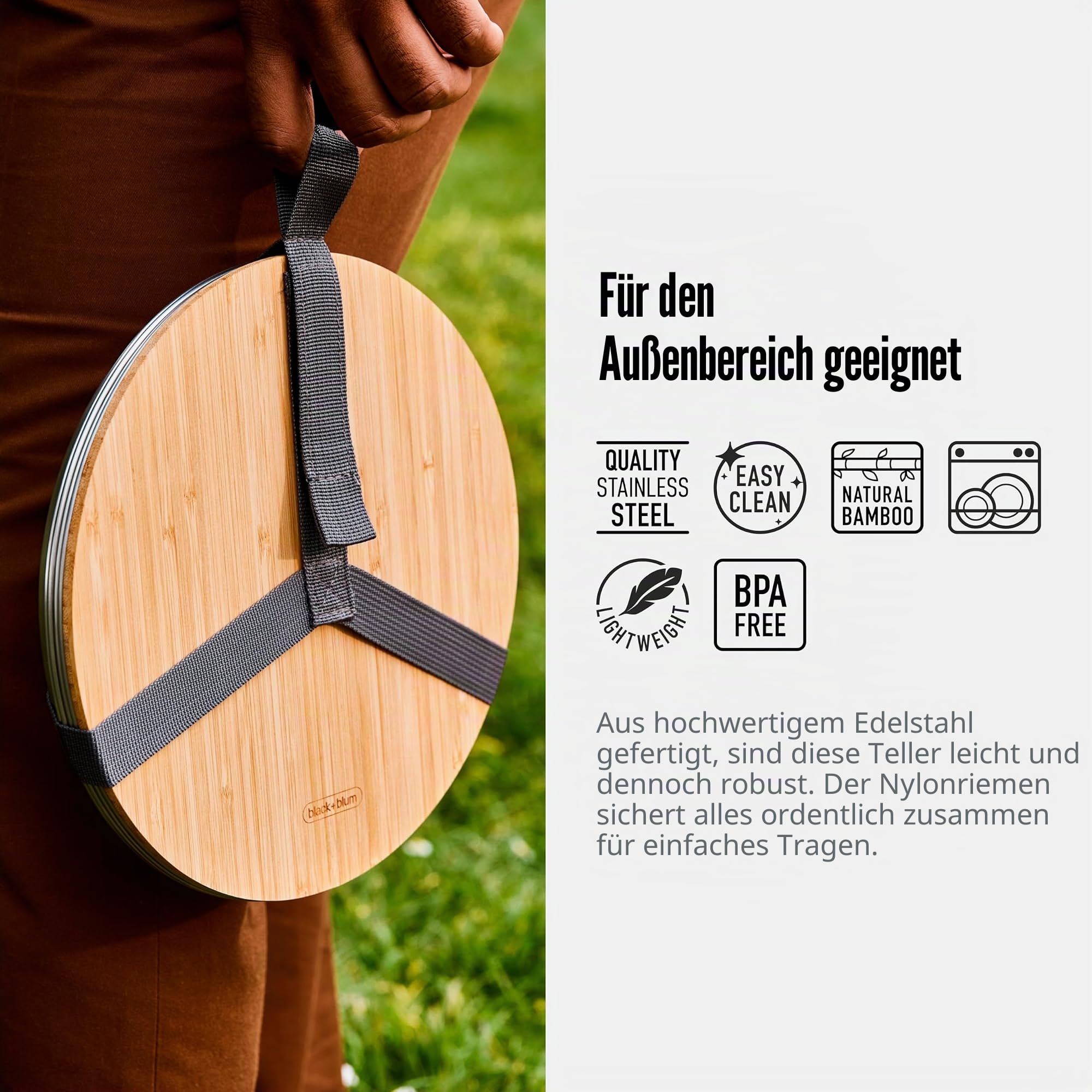 BLACK + BLUM Picknickteller 4er Set - Edelstahl Teller mit Bambus Schneidebrett Deckel und Tragegurt