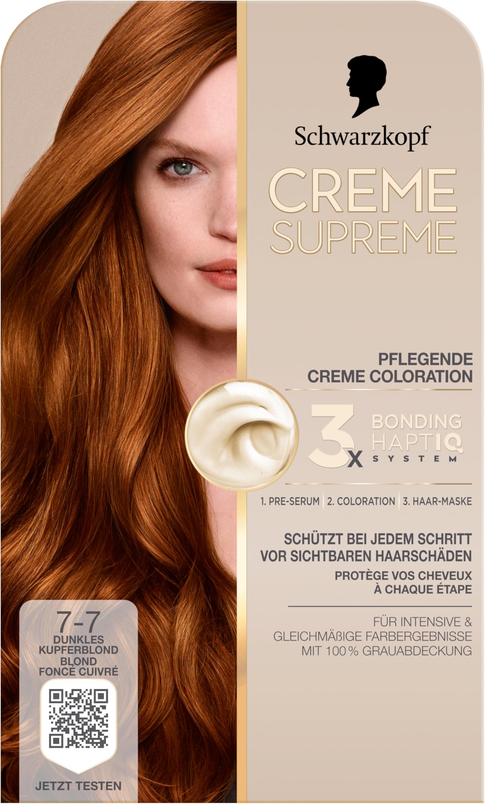 Schwarzkopf Creme Supreme Coloration 7 – 7 rubio cobre oscuro (4 x 182 ml), coloración permanente con suero y mascarilla para el cabello, protege contra daños visibles, para una cobertura 100% de