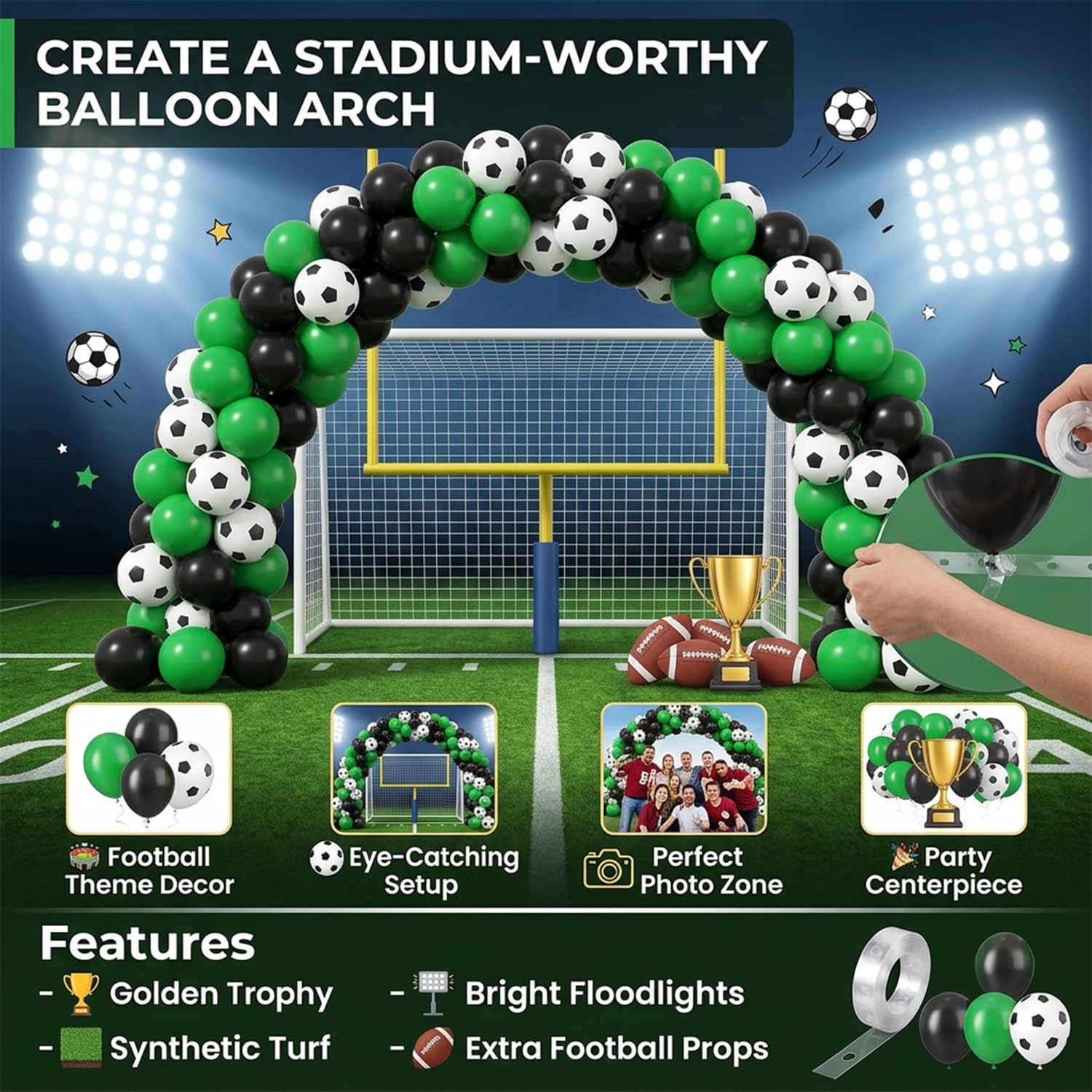 Atpata Funky 30pcs. Football Theme Latex Balloons - Foot Ball Theme Balloons for Kids Sports Themed Birthday Party Decor and Goal theme Celebrations (Green & Black Football Kit) 1