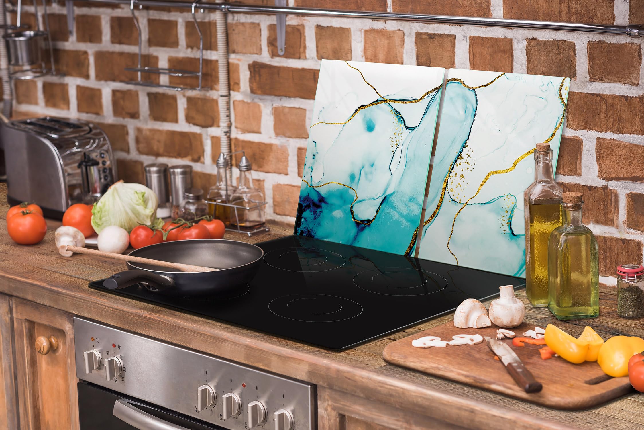 TMK ArtDeko Placa protectora de vitrocerámica 75 x 52 cm 2 pieza cocina eléctrica universal para inducción protección contra salpicaduras tabla de cortar de vidrio templado, Mármol