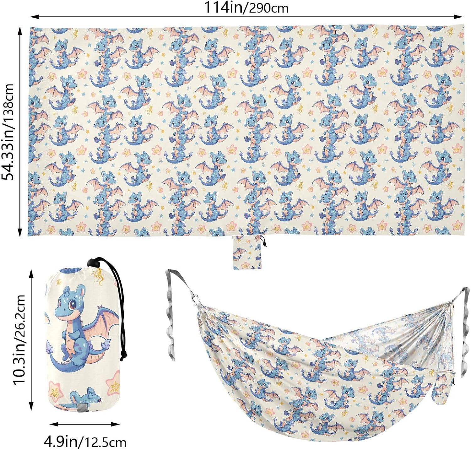 ALAZA Cute Dragon Stars Cartoon Camping Hammocks Single or 2 Person 500 lbs Portable Parachute Travel Hammock w/Tree Straps for Hiking Backpacking Indoor Outdoor