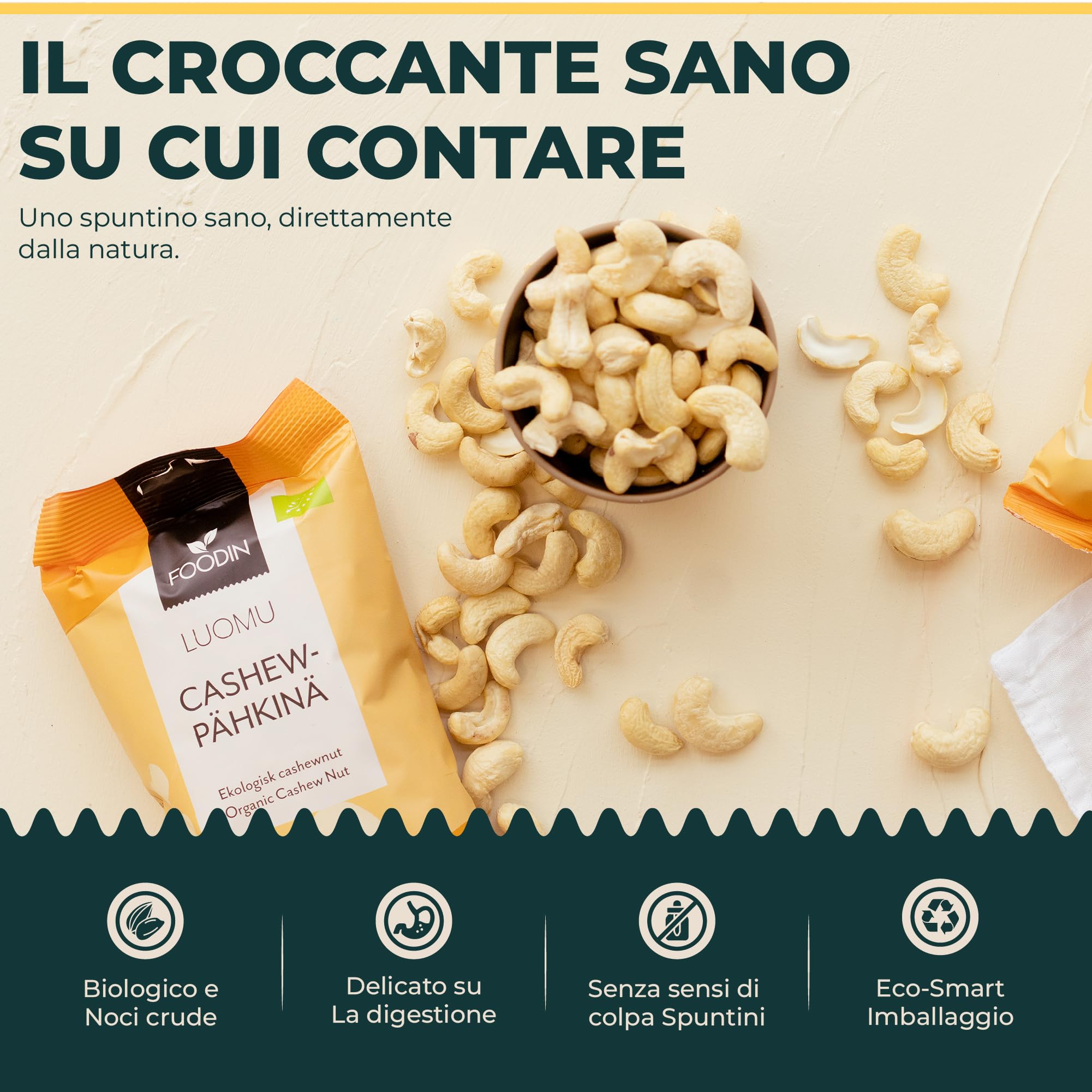 FOODIN Anacardi Biologici, 2x500g anacardi interi, buona fonte di proteine e grassi insaturi, 100% da agricoltura biologica, snack senza glutine e vegano, (2x500g)