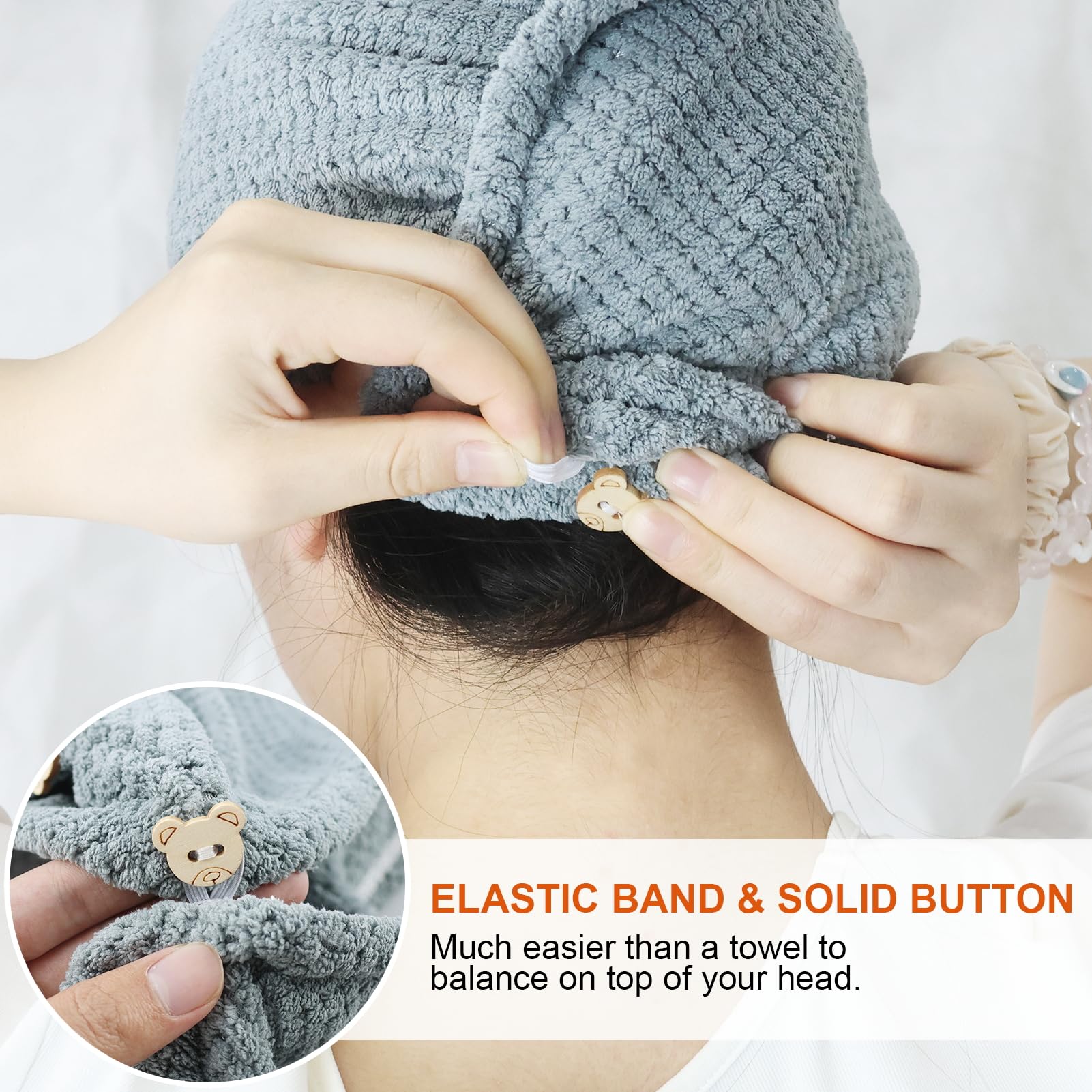2 asciugamani in microfibra per capelli lunghi e ricci, turbante per capelli, asciugamano turbante con bottoni per asciugatura rapida, super assorbente, anti-crespe, asciugamano da donna, grigio