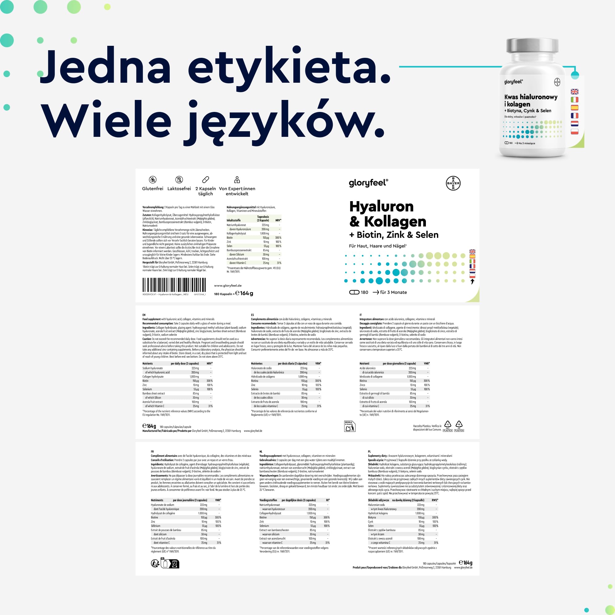 Hialuron + Kolagen, 180 Kapsułek, Kompleks dla Skóry i Włosów z Biotyna, Witamina C, Cynk, Selen i Ekstrakt z Bambusa, Testowane Laboratoryjnie, Wyprodukowano w DE bez Dodatków, Suplement Diety