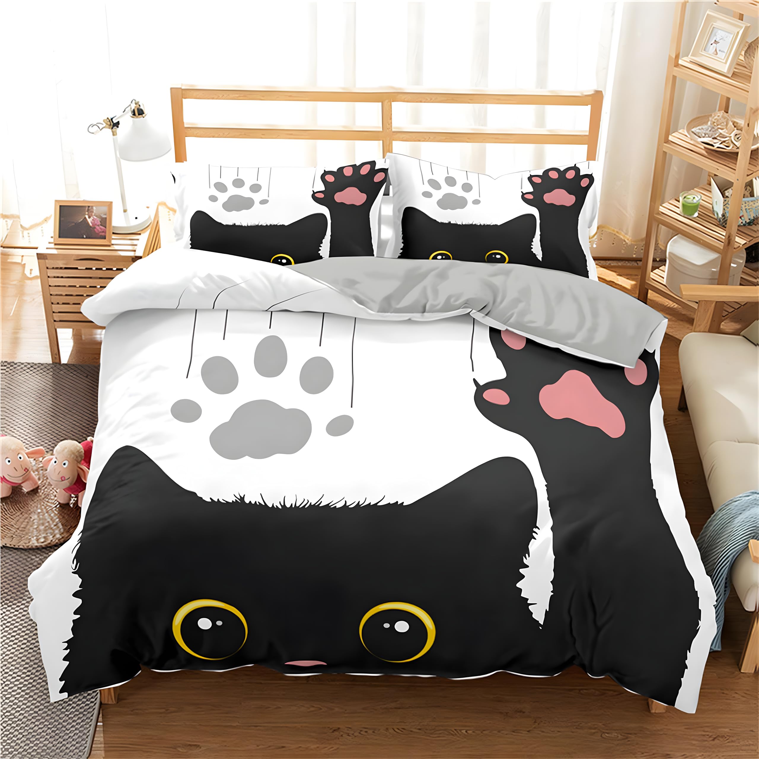 Paw Print Duvet Cover King Size, Reversible Cute Black Cat Quilt Cover with Pattern, Bedding Set Soft Microfibre with Zipper Closure, Washable Comforter Cover and 2 Pillowcases, 230x220 cm, Z17