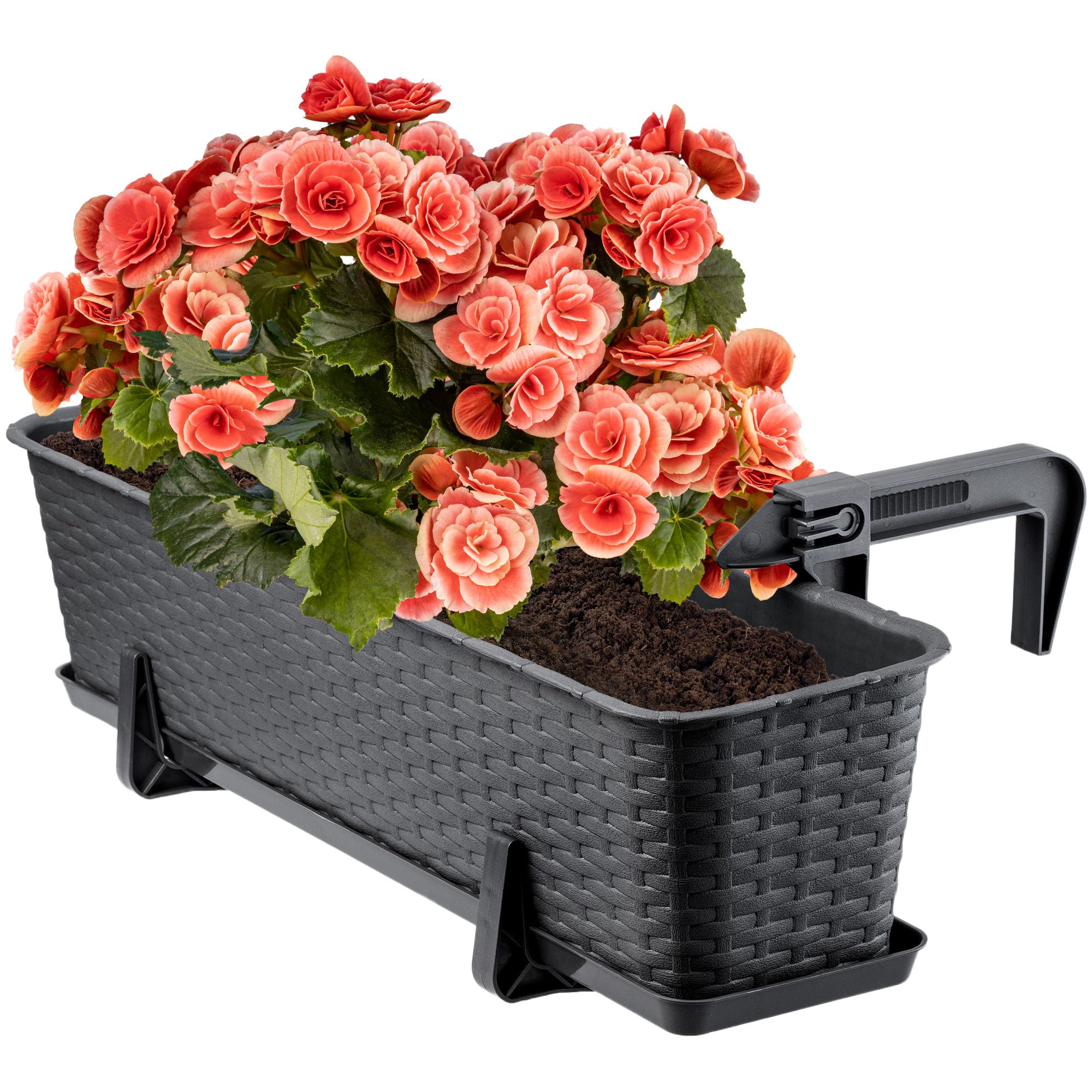 KADAX Blumenkasten 60 cm, ca. 12L Anthrazit mit Halterungen & Untersetzer, Rattan-Optik – Pflanzkübel für Balkon oder Terrasse, robuster Balkonkasten