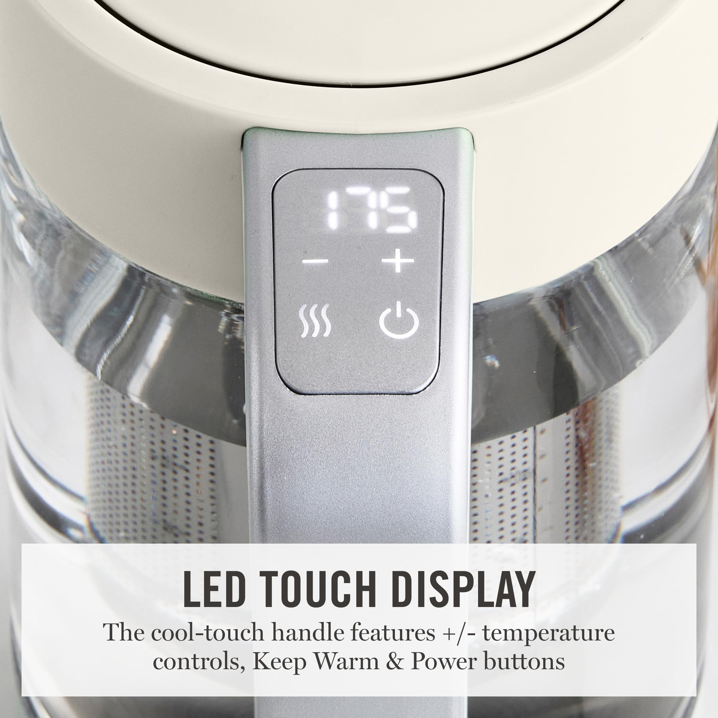 Martha Stewart  Electric Kettle with Removable Stainless Steel Tea Infuser, Glass Carafe 1.7L (7 Cups), Hot Water Boiler, 4 Presets, Keep Warm & Auto Shut-Off, Cordless 360° Swivel Base, Linen White — view 9