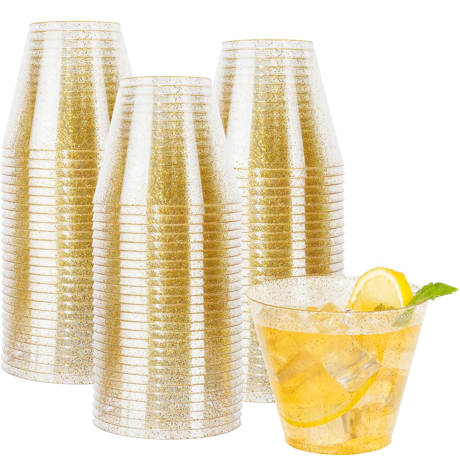 I00000 100pcs Gold Plastic Cups - 9 OZ Hard Gold Glitter Disposable Cups for Cocktail And Drinking - Premium Disposable Plastic Cups with Gold Glitter