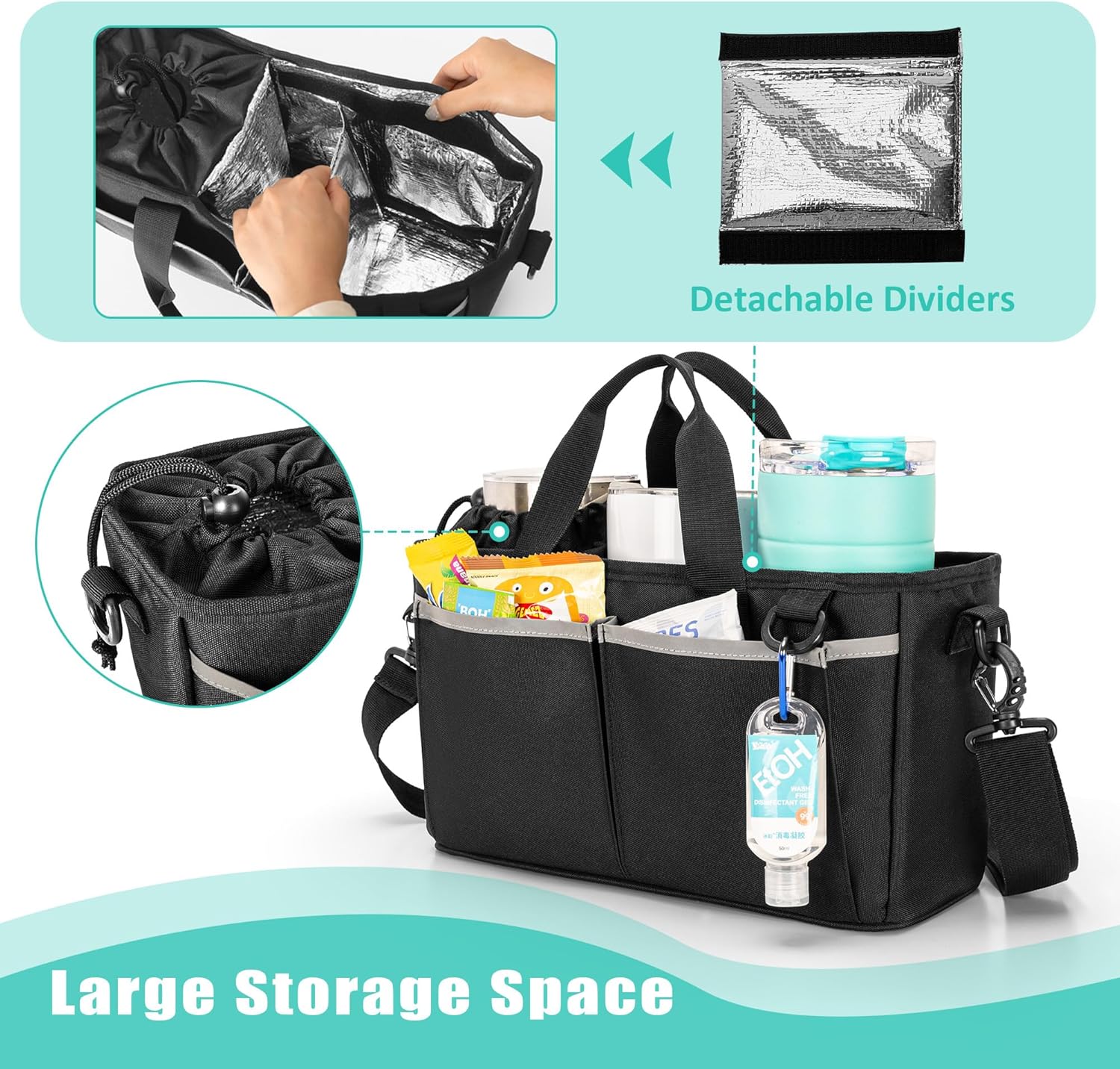 Trunab Water Bottle Carrier with Drawstring Buckle, 32/40 oz Cup Holder Bag with Detachable Divider, 3 Cup Carrier with Adjustable Shoulder Strap