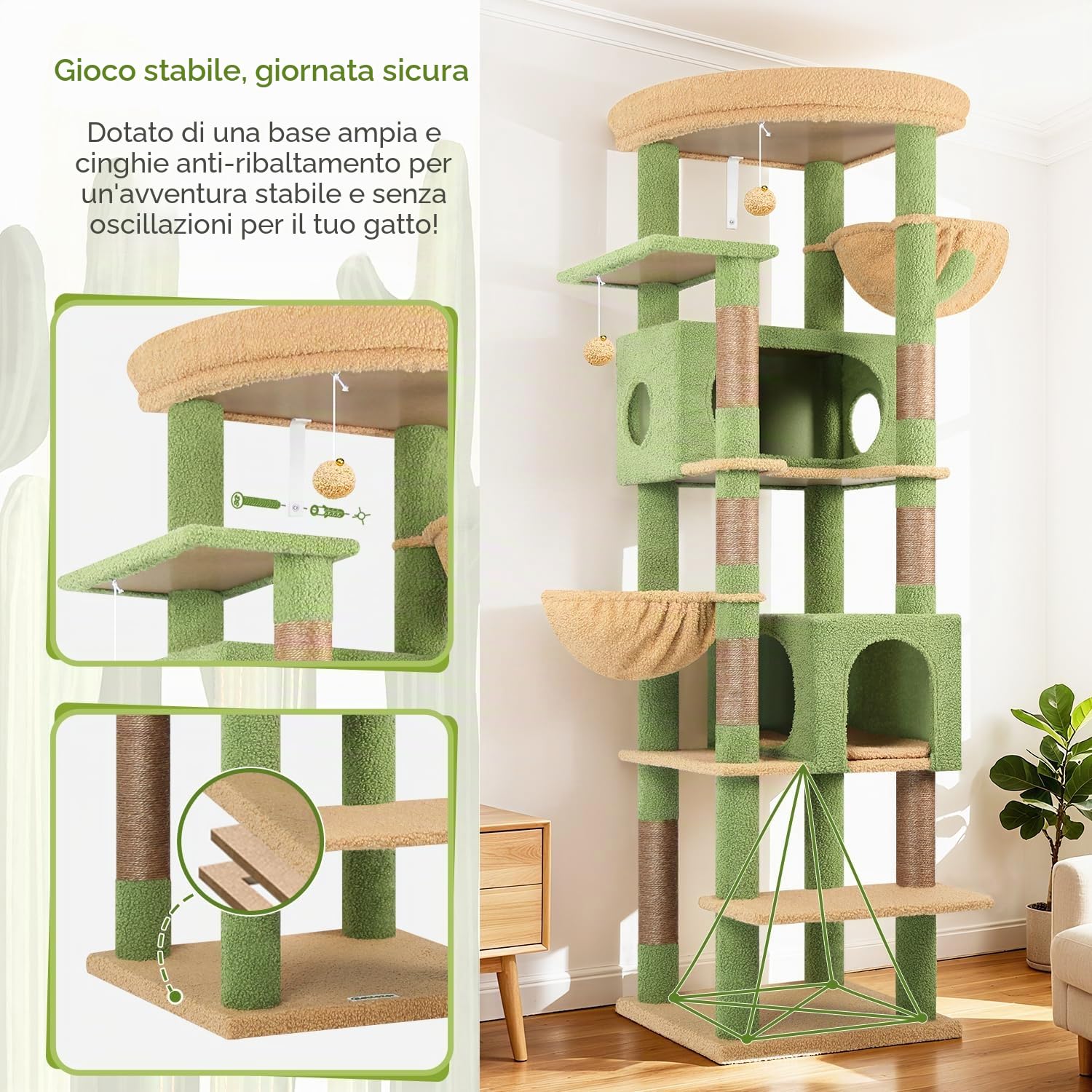 Globlazer Tiragraffi XXL Verde Cactus Grandi 188 cm con 2 Grotta 50*30*30CM, 2 Cesto, Piattaforma Imbottiti, Stabile Albero Tiragraffi per Gatti Adulti Interno Peluche Facile da Pulire (S74, Verde)