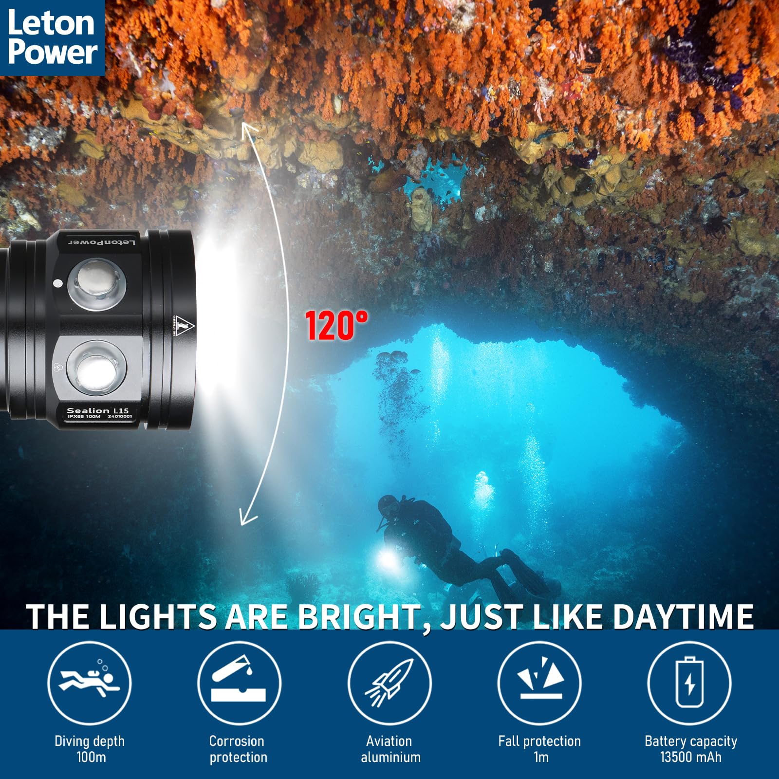 Linterna LetonPower L15 10000Lumens Sumergible buceo, Carga Tipo C, Ideal para Buceo Deportivo, Fotografía y Video