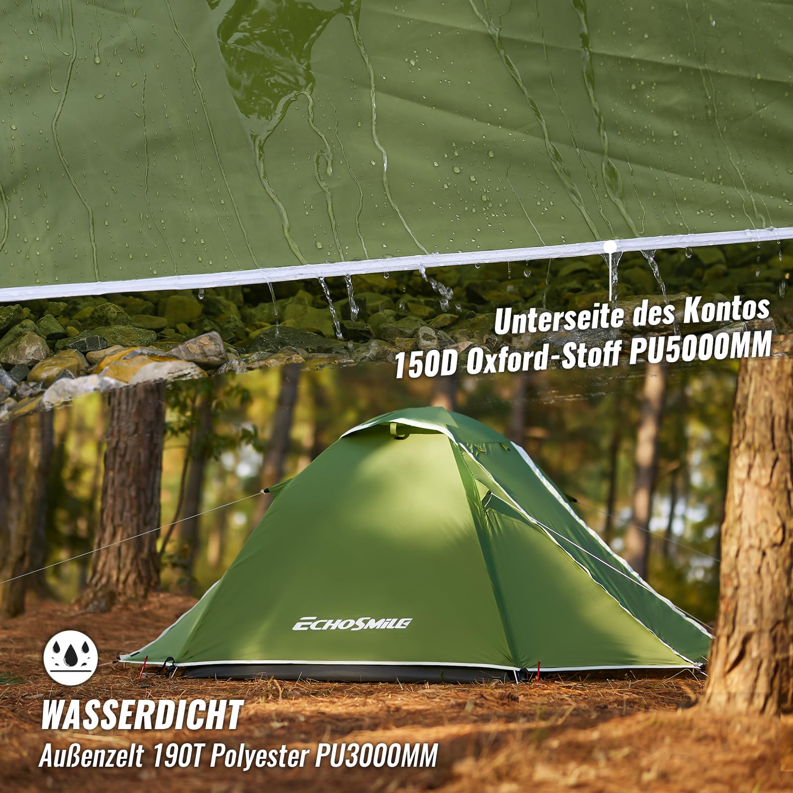 EchoSmile Zelt 2 Personen Wasserdichtes Kuppelzelt, Ultraleicht & Stabil Camping Tent, 3-4 Saison, Double-Layer Zelte mit Mesh-Türen, Tent für Trekking, Festival, Outdoor, Grün