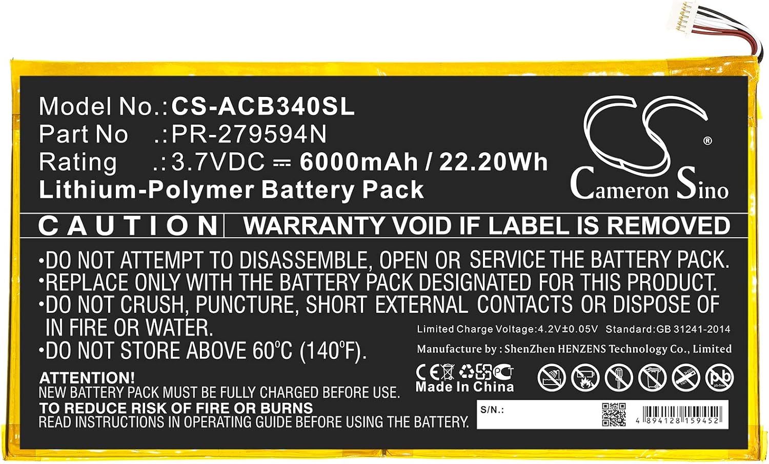 6000mAh / 22.20Wh Battery for Iconia One 10 B3-A40 PN: PR-279594N, PR-279594N(1ICP3/95/94-2)