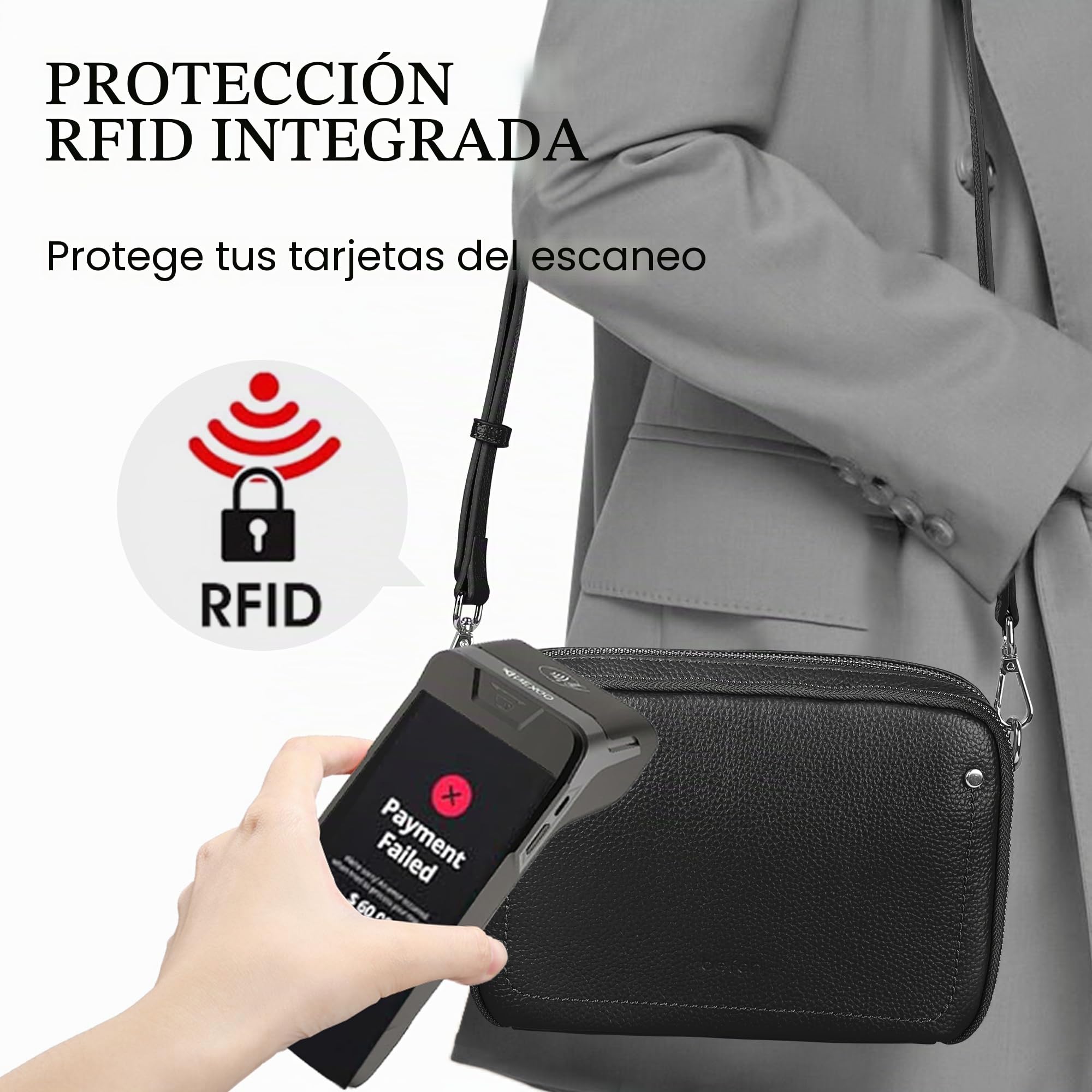 befen Bolso de Bandolera de Piel Auténtica para Mujer con Cartera RFID Incorporada y Diseño Antirrobo, Correa Ajustable, para Compras, Viaje y Trabajo