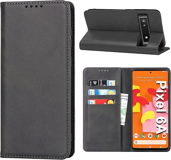 Vaki Handyhülle für Google Pixel 6A Hülle Schutzhülle Pixel 6A 5G Leder Wallet Kartenfach Standfunktion Stoßfest Klapphülle Hüllen Pixel 6A 5G 6.1 Flip Case Cover (Schwarz)