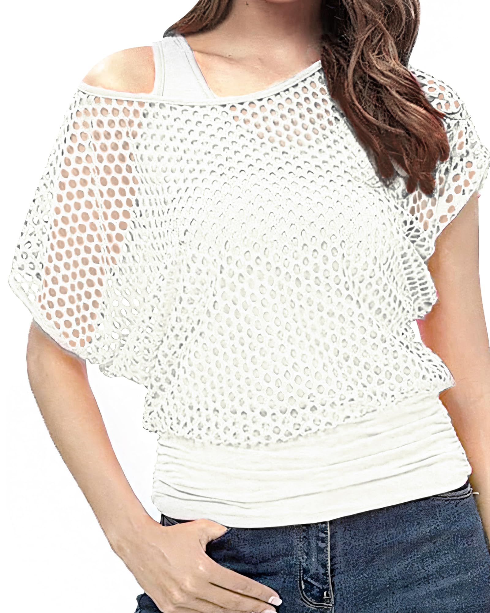 80s Fancy Fishnet Top for Women, Tank Top Off the Shoulder T-shirt 1980s Retro Theme Party Costume Accessories Cosplay