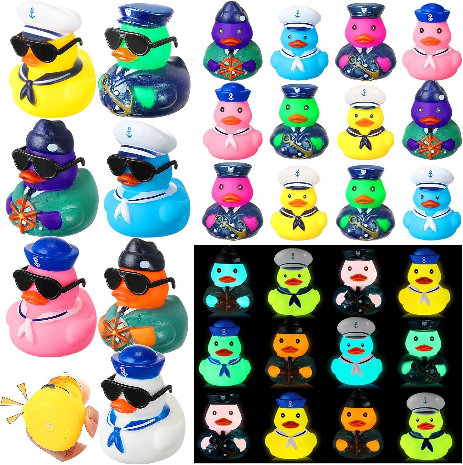 24 Pcs Cruise Ducks Sailor Glow in the Dark Rubber Ducks with Sunglasses Mini Cruise Ship Hiding Accessories 2.4'' Nautical Sailing Rubber Decor for Summer Party Favor Birthday Gift