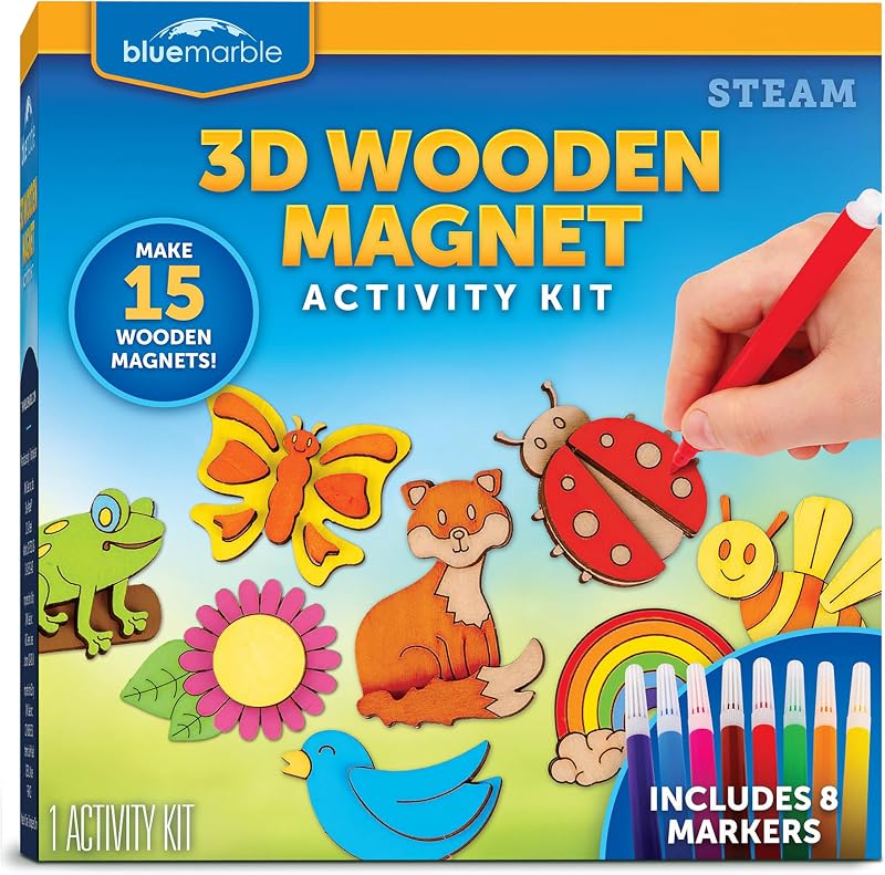 Wooden Magnet Painting Craft Kit with 15 Nature Designs | 15 Nature-Themed Wooden Magnets, 8 Watercolor Pens, Paint and Create, Magnet Art, DIY Craft Activity, Birthday Gift