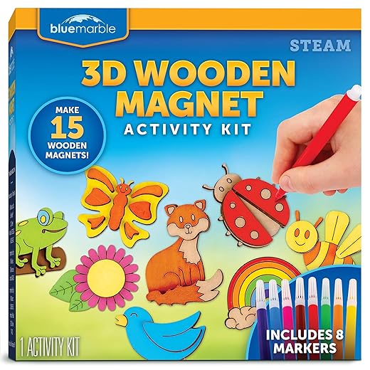 Blue Marble Wooden Magnet Craft Kit - Create & Paint 15 Nature-Themed Magnets with 8 Watercolor Pens, Magnet Art Kit, DIY Magnets for Kids, Magnet Arts and Crafts, Magnet Painting Kit for Kids