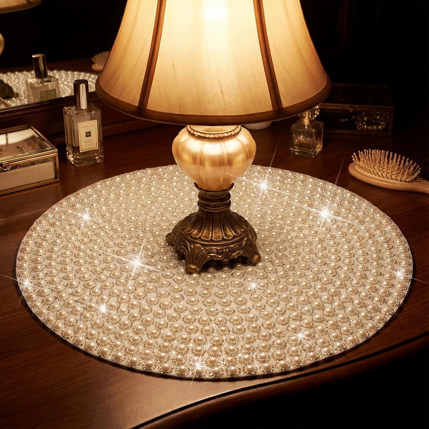 Vesici 2 Pcs Silver Pearl Round Placemat 15 Inch Sparkling Bling Rhinestones Silver Placemat Anti-Slip Tables Decorations for Wedding Holiday Party Dining Table Home