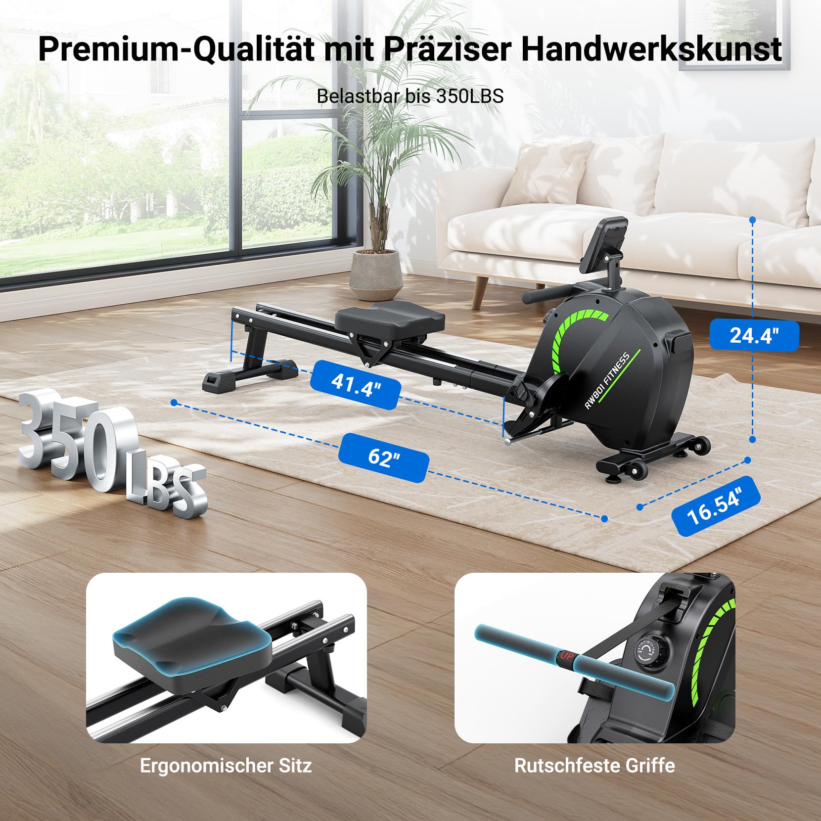 Dripex Rudermaschine für Zuhause Klappbar, Magnetwiderstand 16 Stufen, Stabile Doppelgleitschiene mit ruhigem Lauf, Bluetooth APP Anbindung & LCD Display, Bis 130kg Belastbar für jeden Fitnesslevel