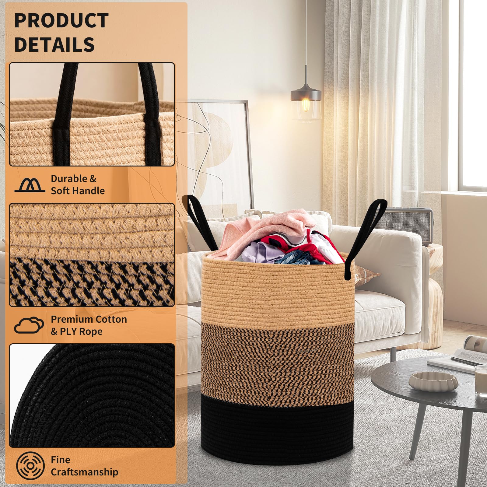 Cesto Portabiancheria 56L con Manici in Cotone, Portabiancheria Sporca Rotondo Pieghevole, Cesta Panni Sporchi per Lavanderia, Camera da Letto, Bagno, Dormitorio