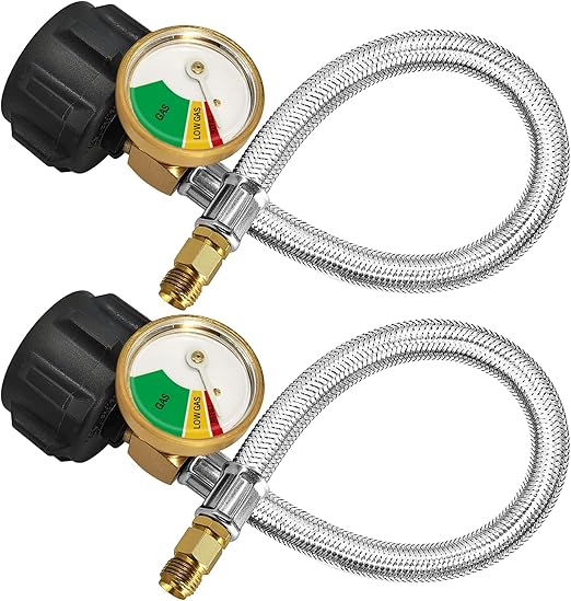2 Pack 1/4" Inverted RV Propane Pigtail Hose with Gauge, 15inch RV Propane Hose Connector with Type 1/4" Inverted Male Flare Stainless Steel Braided for 5LB - 40LB Propane Tank Coming with Tape