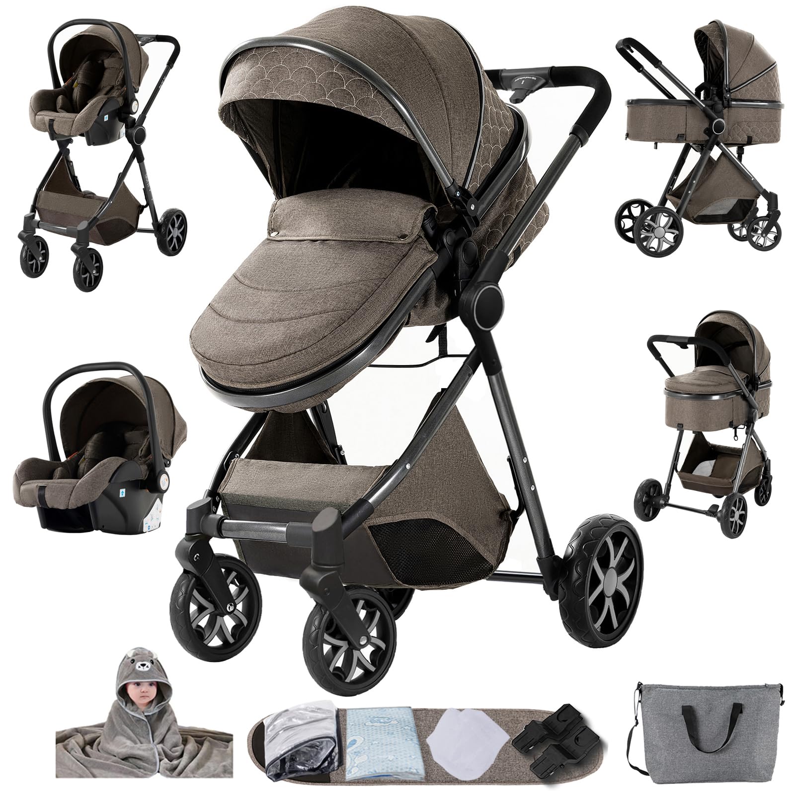 Passeggino 3 in 1 Trio Neonati, Tessuti di Alta Qualità Carrozzina per Neonato, Spinta Bidirezionale Passeggino Reversibile, Visione Aperta Passeggini Trolley (YV9 Chocolate)